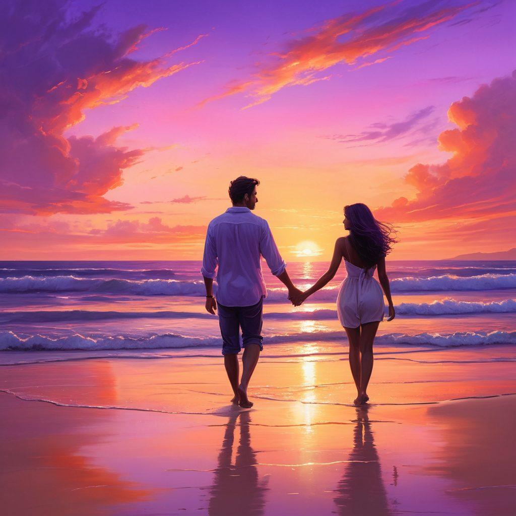 A romantic couple with intertwined fingers walking along a sunset-lit beach, sharing an intimate conversation. Emotive expressions on their faces, a soft breeze causing her hair to flow gently. The horizon merging with the colorful sky, depicting shades of purple, pink, and orange. super-realistic. vibrant colors.