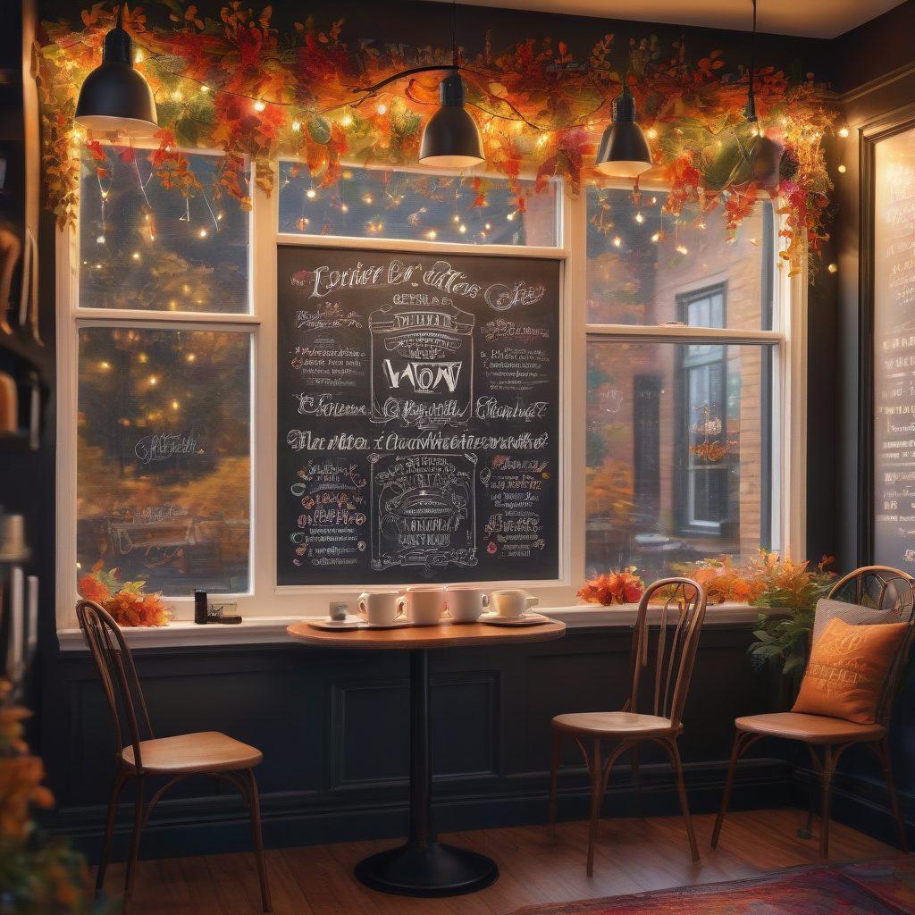 A cozy coffee shop setting where a couple is sharing a genuine, heartfelt conversation; each person is holding a steaming cup of coffee. Behind them, a chalkboard with romantic quotes and light music notes transcribe the atmosphere. Soft, warm fairy lights twinkle above, and colorful autumn leaves are visible through the windows, enhancing the romantic ambiance. super-realistic. vibrant colors.