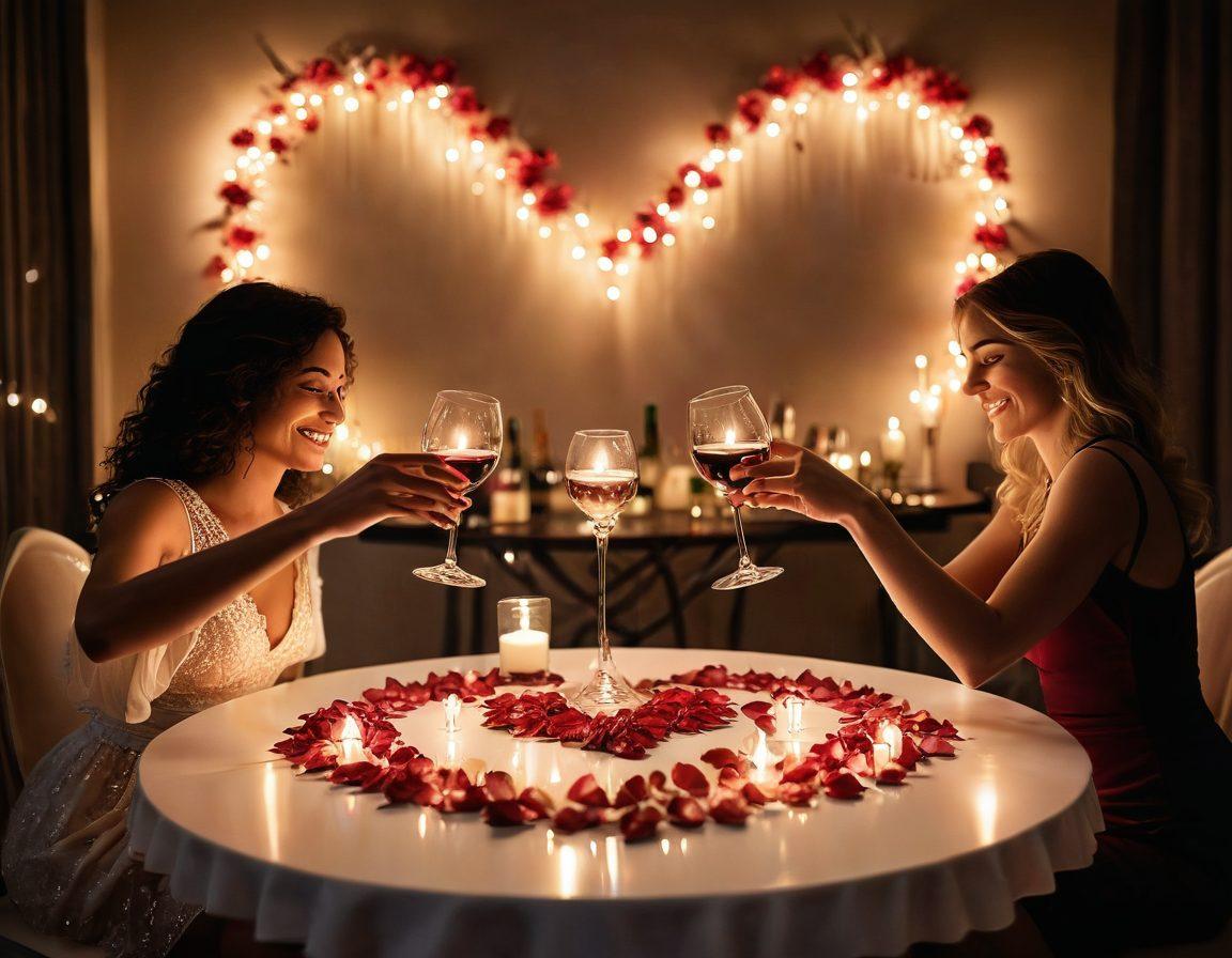 A romantic candle-lit dinner setting with a cozy ambiance, featuring a heart-shaped table arrangement and two wine glasses clinking. Soft rose petals scattered on the table and a backdrop of dim fairy lights. A couple holding hands across the table, their expressions filled with warmth and affection. super-realistic. vibrant colors.